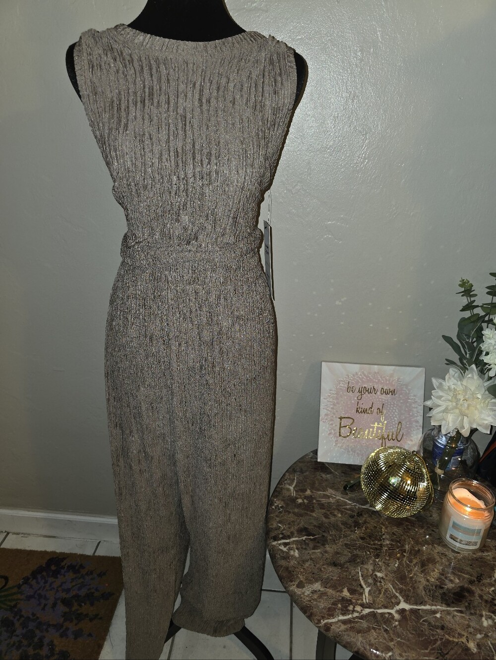 Sleeveless Ribbed Knit 2 Pice Pants Set in Champagne Size 3xl